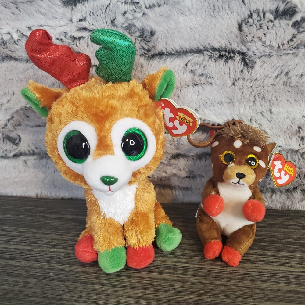 TY Beanie Boos Reindeer Plush Tinseltoes & Fawn Deer Juno Keychain NWT